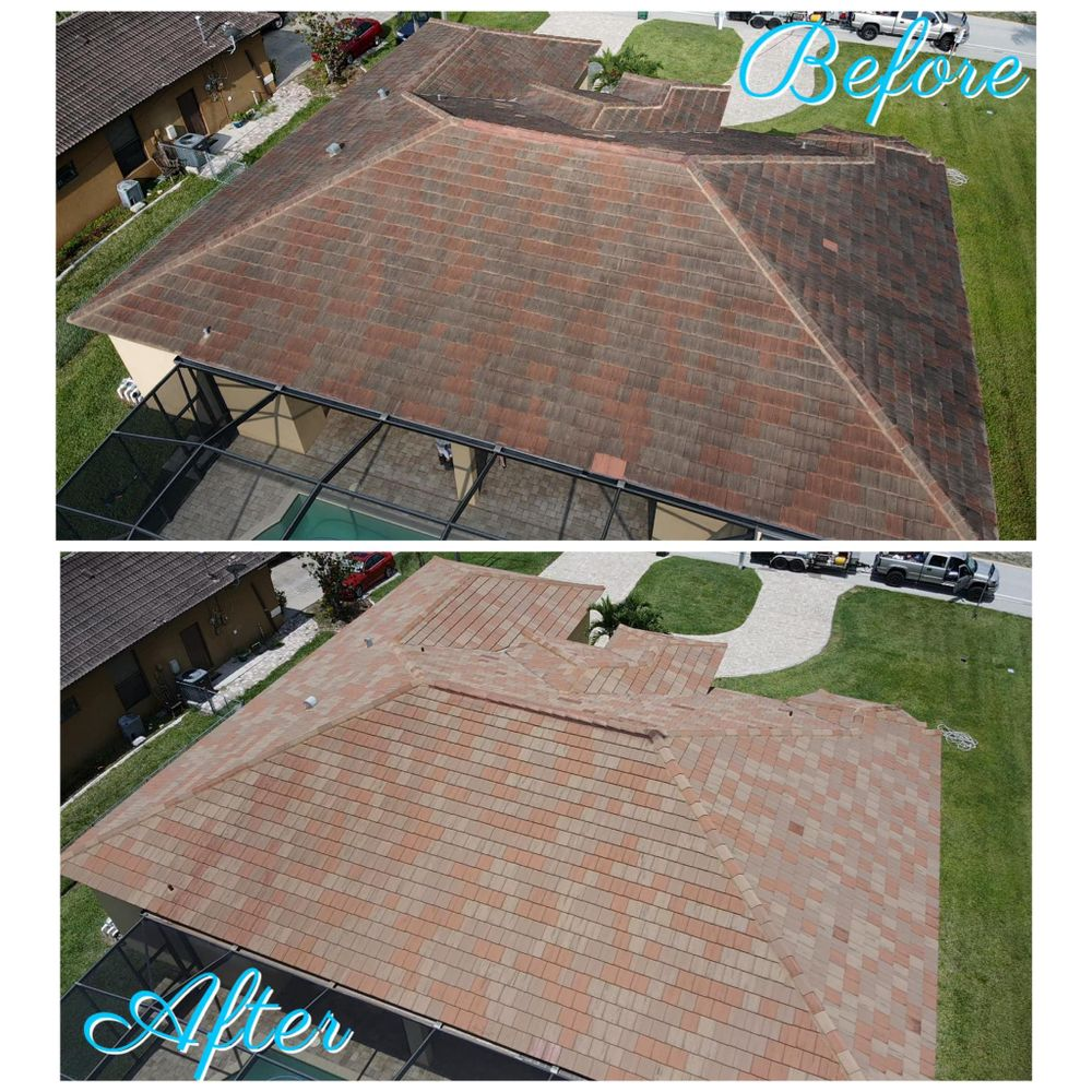 An aerial view of a roof before and after cleaning.