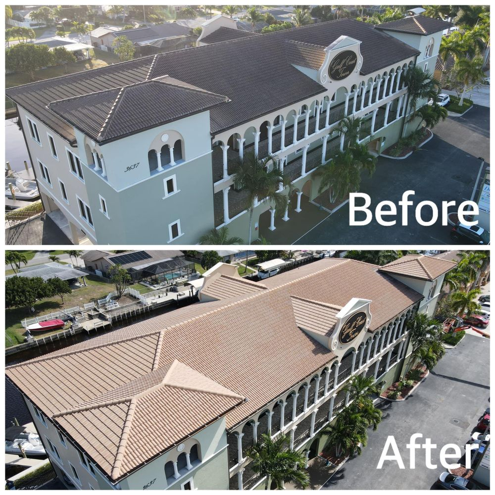 A before and after picture of a building 's roof