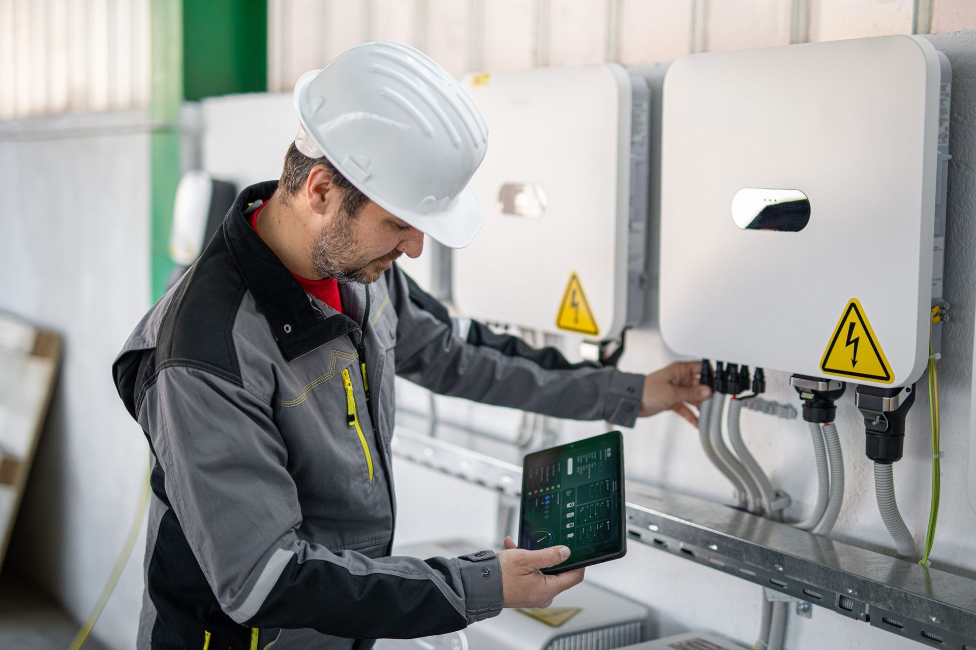 An engineer using a digital tablet to examine an electric smart grid system. An engineer using a digital tablet to examine an electric smart grid system.