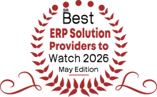 Award badge with red laurel wreath: “Best ERP Solution Providers to Watch 2026, May Edition.”