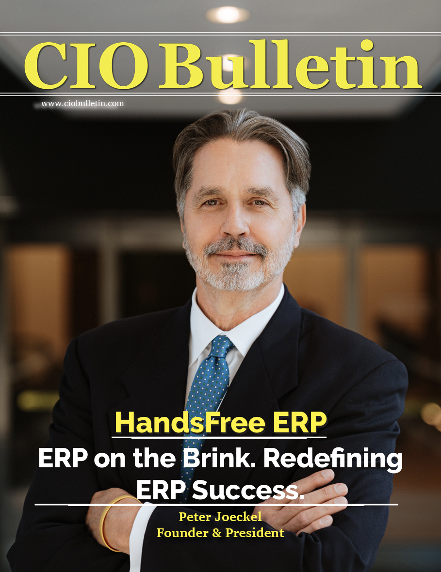 CIO Bulletin cover featuring Peter Jaceke, Founder & President of HandsFree ERP, with headline about redefining ERP success.