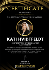 Certificate for Kati Hvidtfeldt, Chief Operating Officer. Gold accents on black background. Photo of woman. 