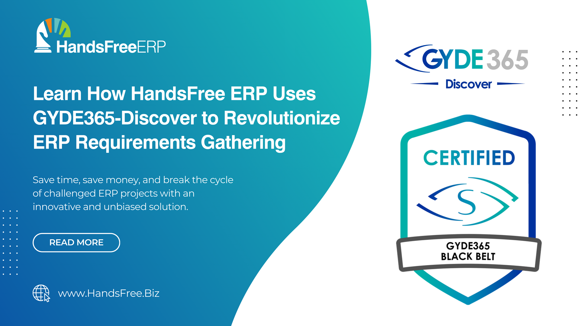 A poster that says learn how handsfree erp uses gyde365 discover to revolutionize erp requirements gathering