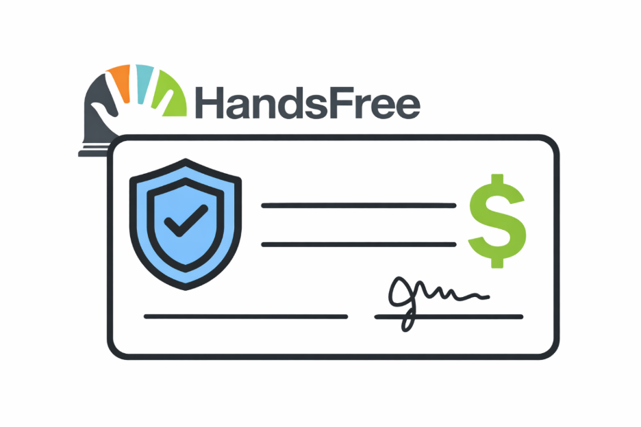 HandsFree logo with a check. A blue shield with a check mark sits on the check. A green dollar sign is on the right.