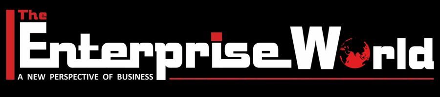 The Enterprise World logo on a black background. White text with a red accent and globe.