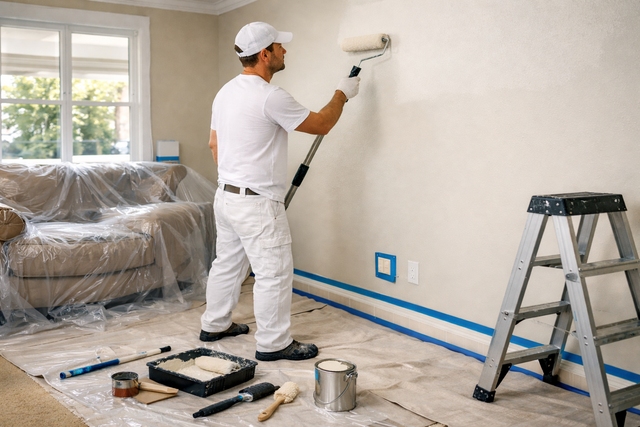 Professional interior painter rolling a fresh coat on a prepared living room wall with floors and furniture protected.