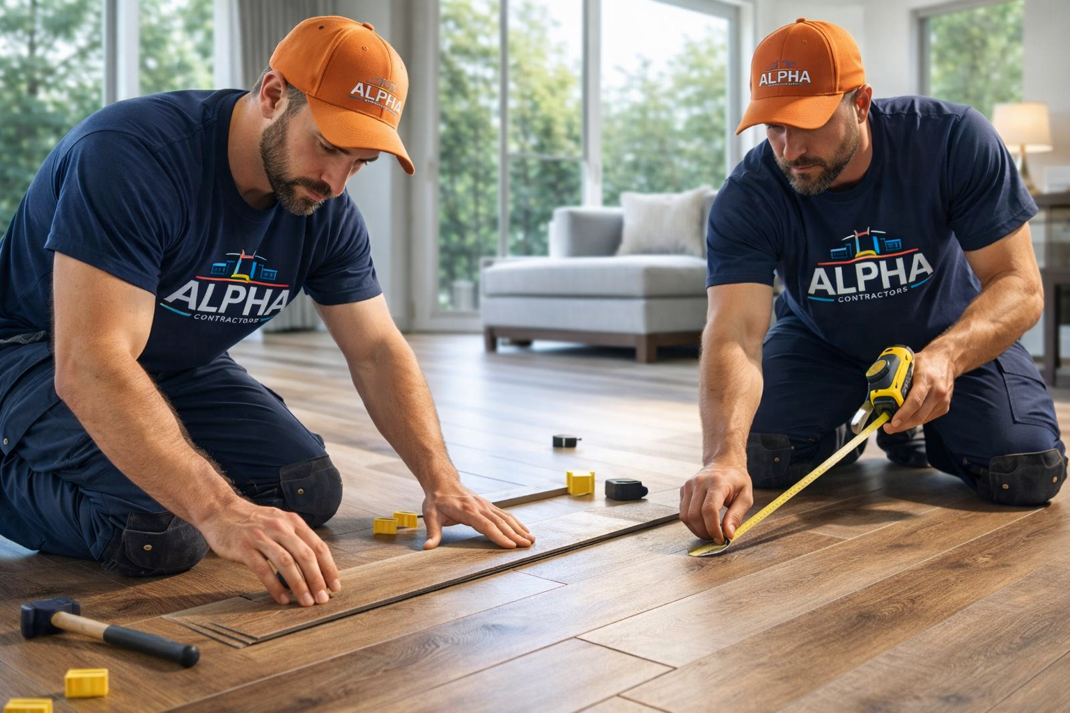 Two workers installing flooring; measuring with tape and adjusting planks. Wearing blue shirts and orange hats.