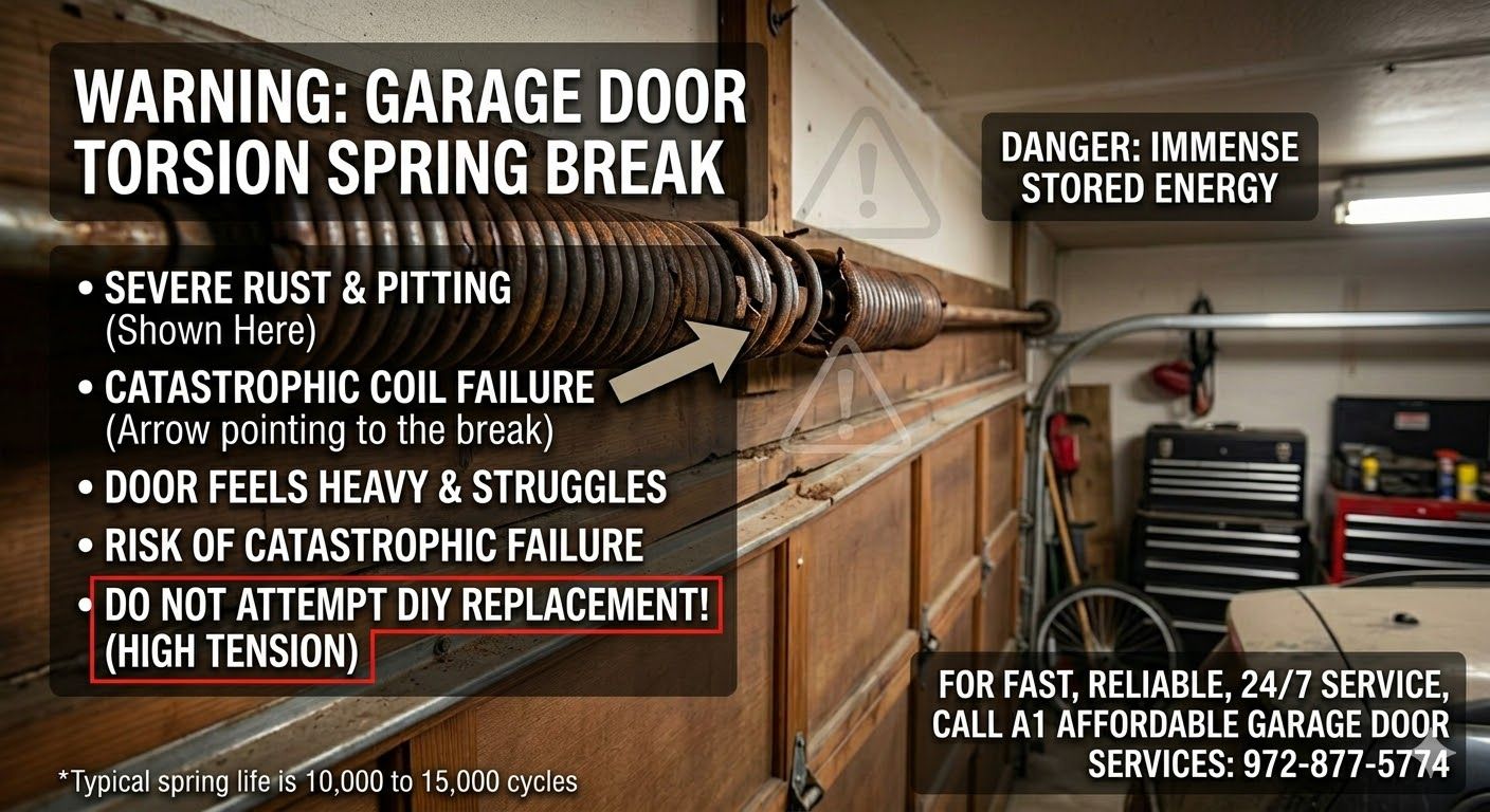 A warning sign about a broken garage door torsion spring, highlighting the danger of high tension and advising pro repair.