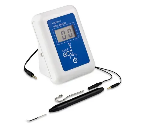 White and blue ECG device with digital display, pen-like probe, and connecting cables.
