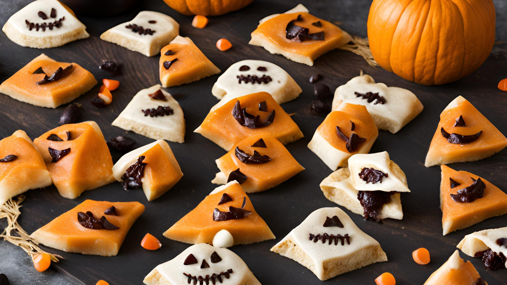 Halloween cookies decorated as jack-o'-lanterns and ghosts, arranged on a dark surface, with pumpkins nearby.
