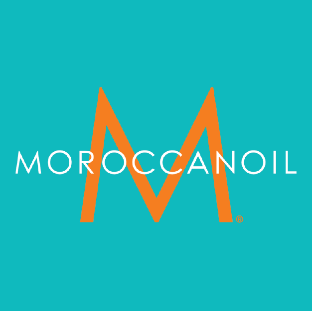 The moroccanoil logo is on a blue background.