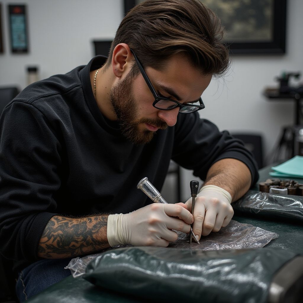 Tattoo artist with beard and glasses wearing gloves, tattooing someone's arm in a shop.