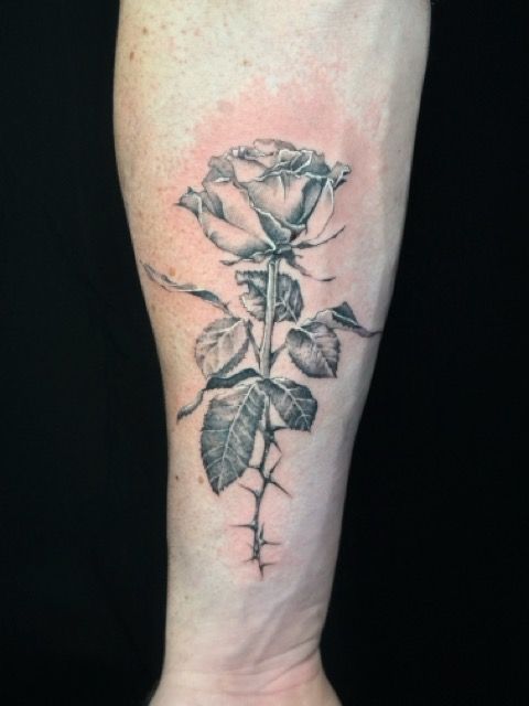 Black and white tattoo of a rose on an arm; the stem has thorns.