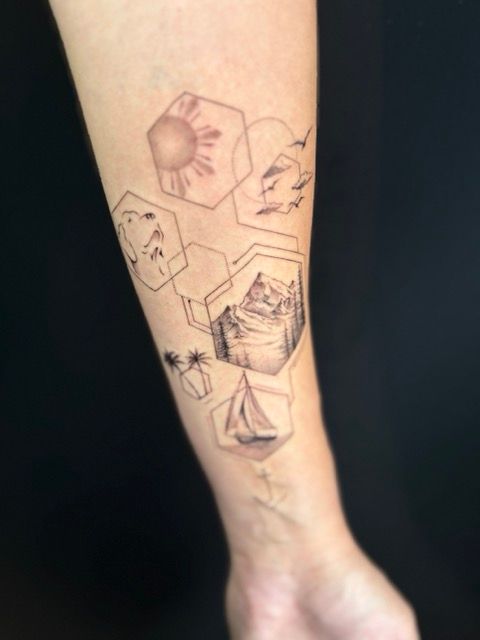 Tattoo on arm: geometric shapes with a sun, mountains, birds, trees, and sailboat.