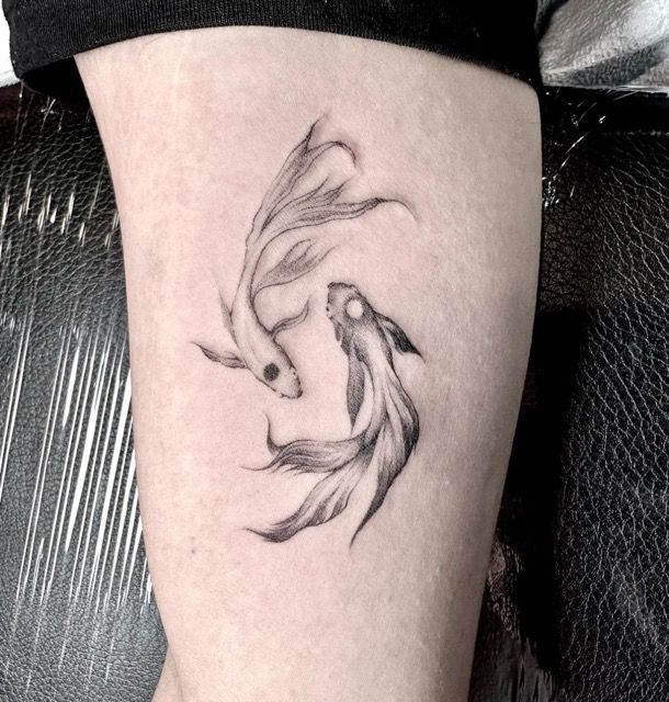 Two koi fish tattoo in black ink on an arm.