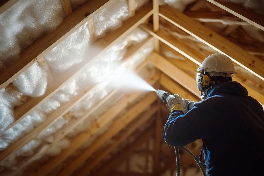 Worker spraying insulation into attic rafters with a foam hose