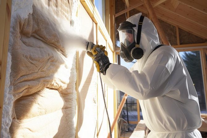Worker in white protective suit insulating a wall with spray foam inside a wooden-framed building.
