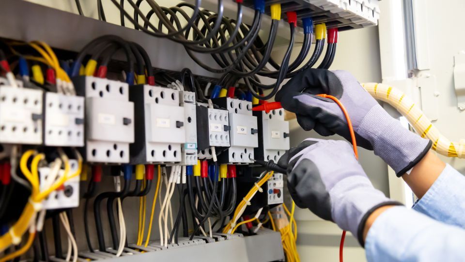 elettricista che controlla connessione elettrica dei cavi