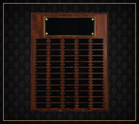 A wooden plaque with black plaques on it
