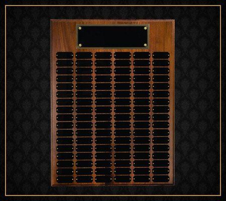 A wooden plaque with black plaques on it