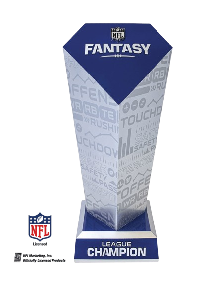 A trophy that says fantasy league champion on it