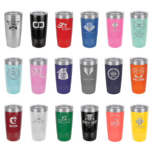 A bunch of different colored tumblers with logos on them