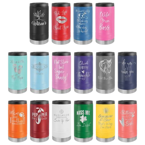 A variety of can coolers with different designs on them.