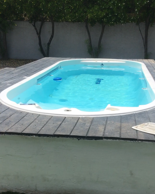 A large swimming pool with trees in the background