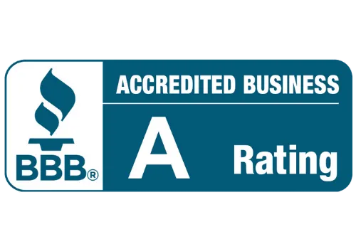 A blue sign that says accredited business a rating
