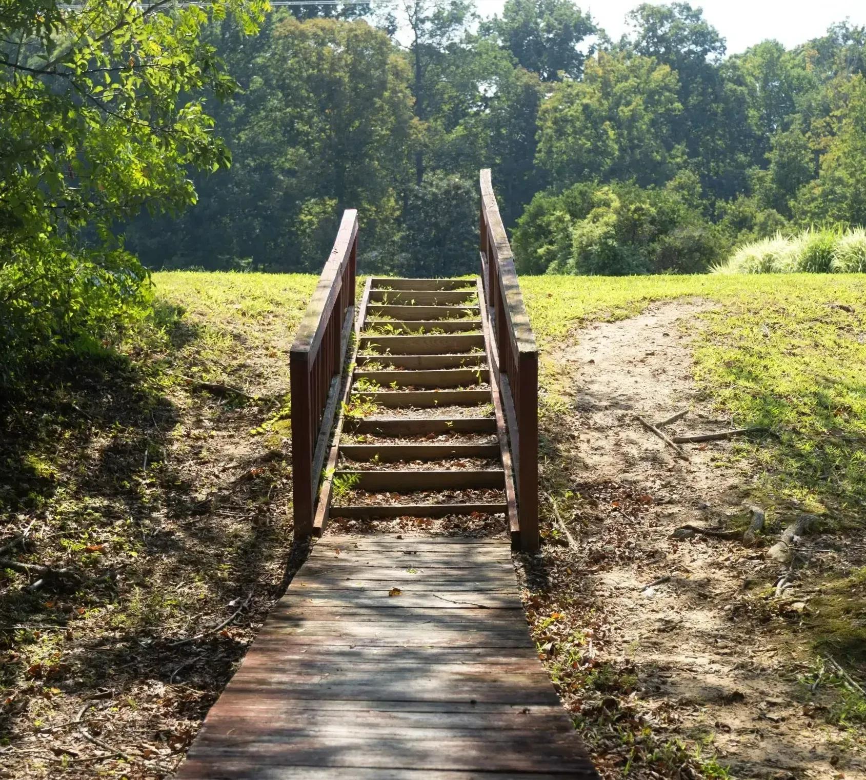 A wooden bridge with stairs leading to a grassy field