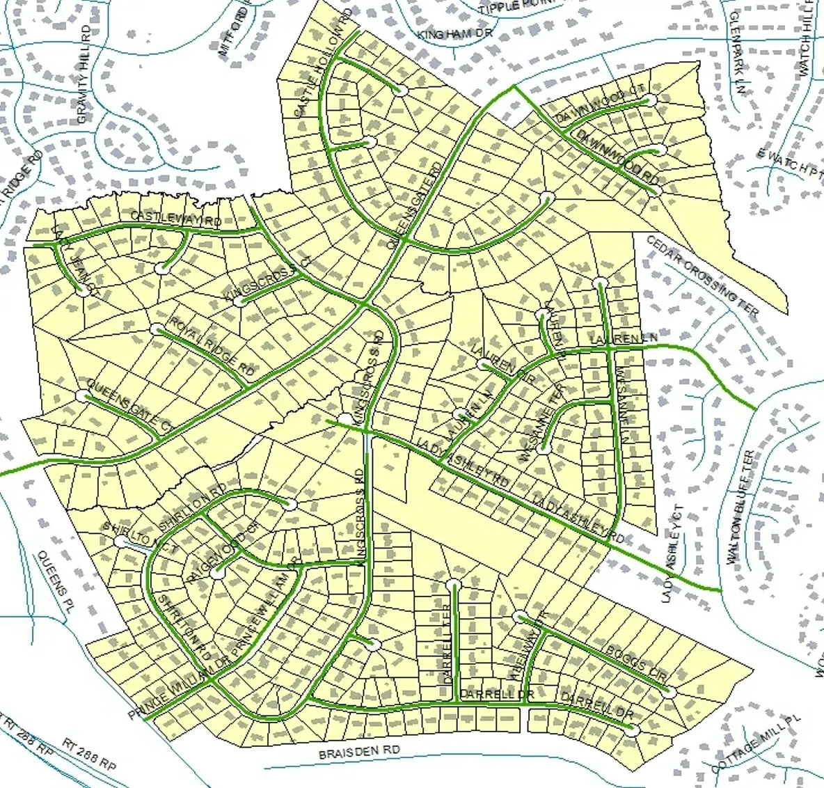 A map of a residential area with lots of green lines