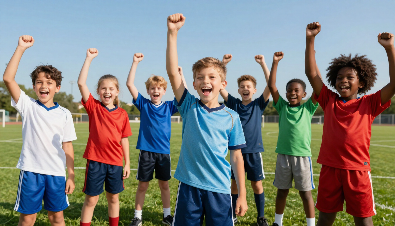 Youth athletes from diverse backgrounds playing sports together.