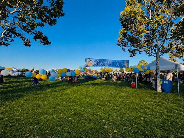 Outdoor event on a grassy field with balloon decorations and a large banner under a blue sky