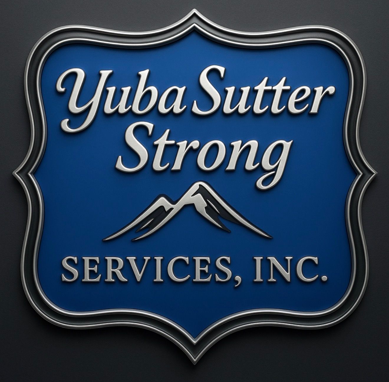 Blue plaque logo reading “Yuba Sutter Strong Services, Inc.” with a mountain graphic