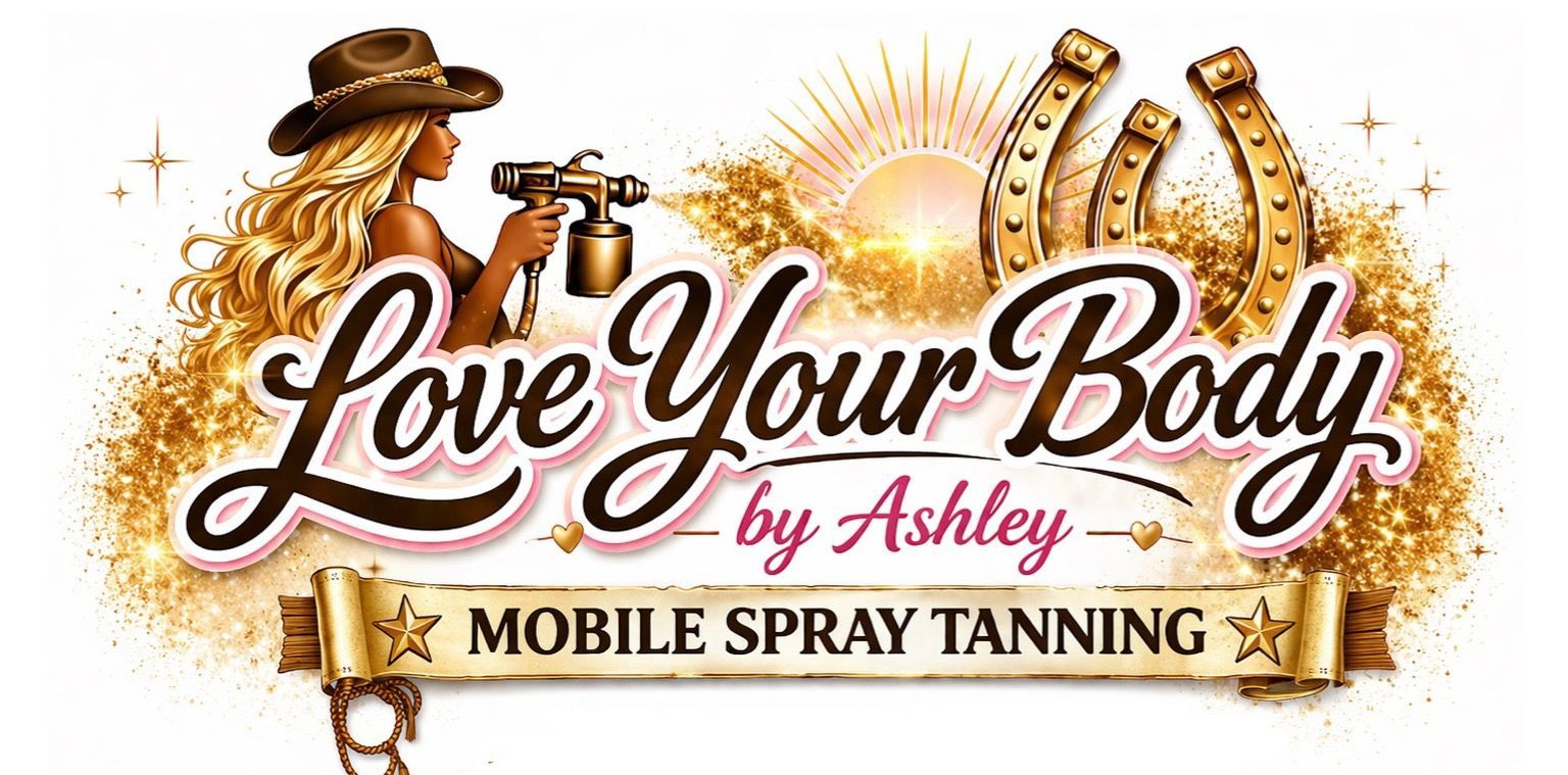Logo for Love Your Body by Ashley, with a tanning spray bottle, sunburst, and golden decorative text