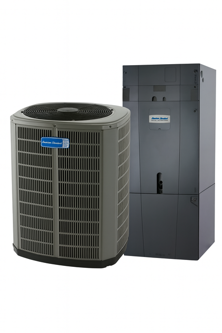 An air conditioning system with outdoor condenser unit and indoor air handler.