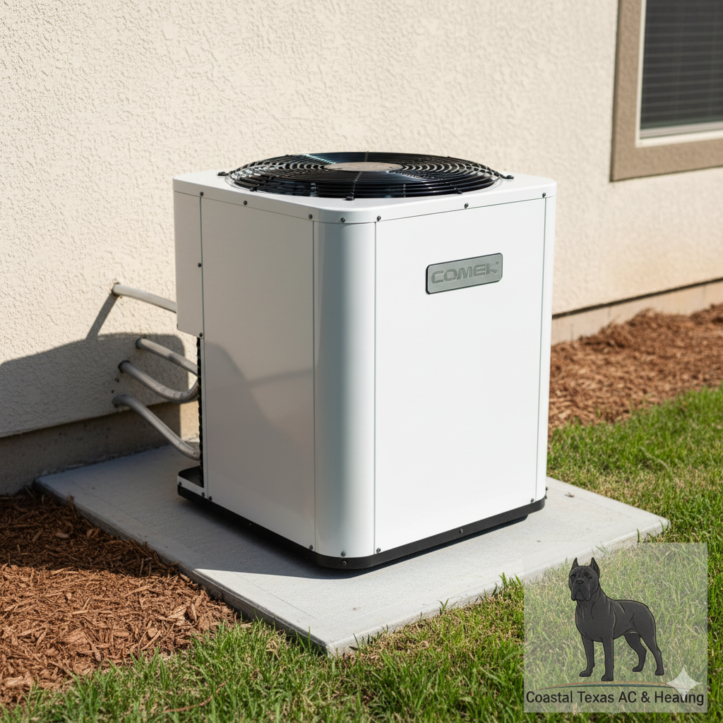 White air conditioning unit on a concrete pad next to a beige wall and grass.
