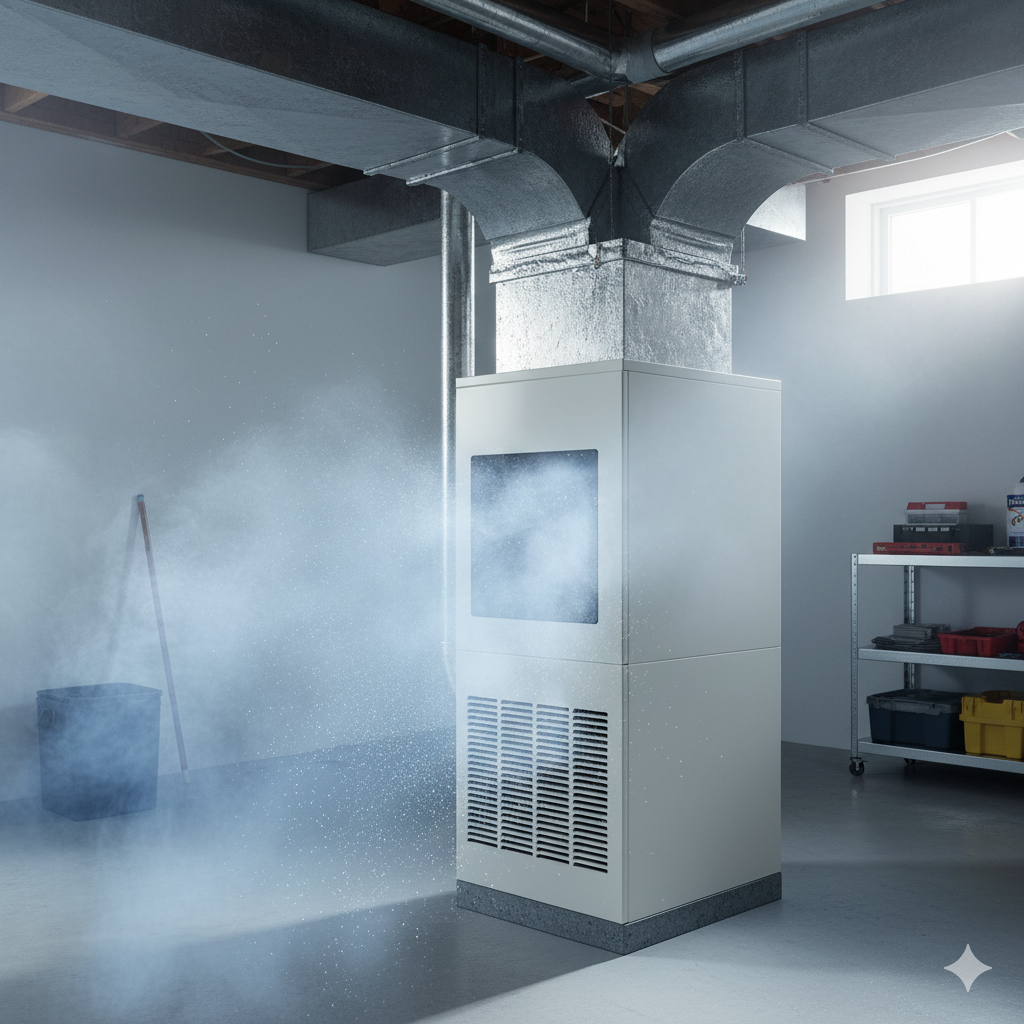 A furnace in a basement with smoke/mist coming from the front.