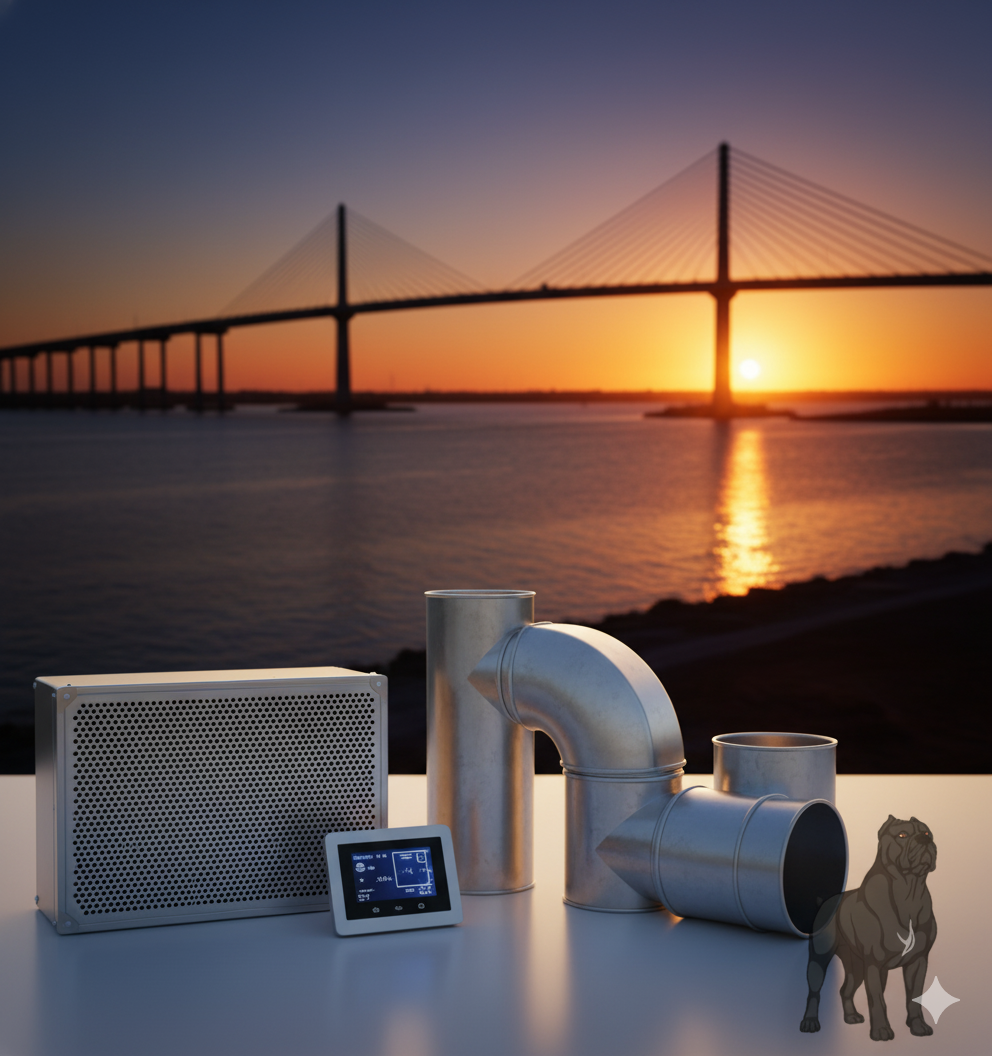 Industrial components on a table with a sunset bridge view, and a dog.
