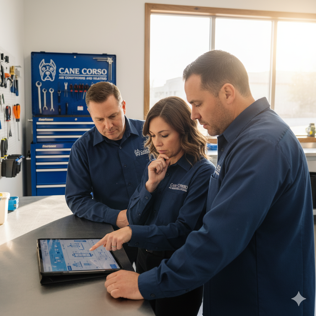 Three people in blue shirts looking at tablet in workshop. Tools and logo on a blue cabinet.