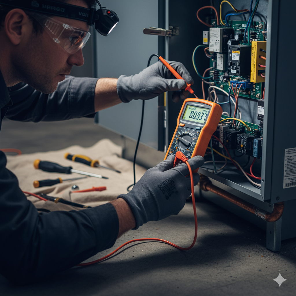 Electrician in safety glasses and headlamp, testing wires with a multimeter in an electrical panel.