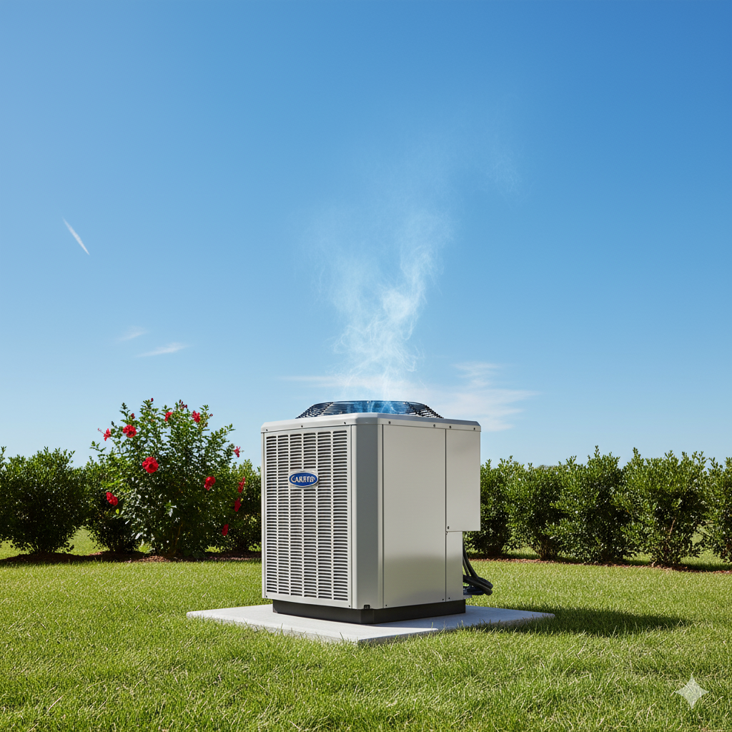 An air conditioning unit outdoors emitting vapor against a blue sky, surrounded by green bushes.