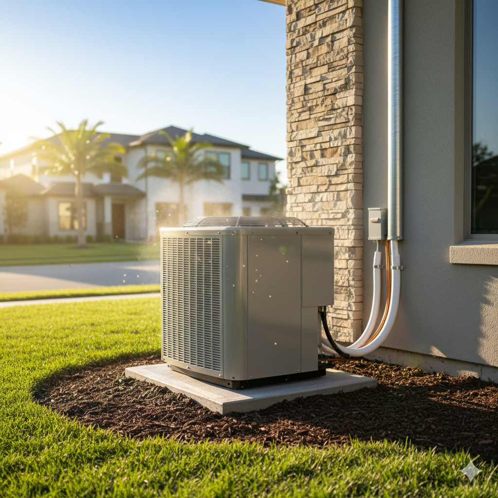 Air conditioning unit outside a house, set on a concrete slab in a grassy yard.