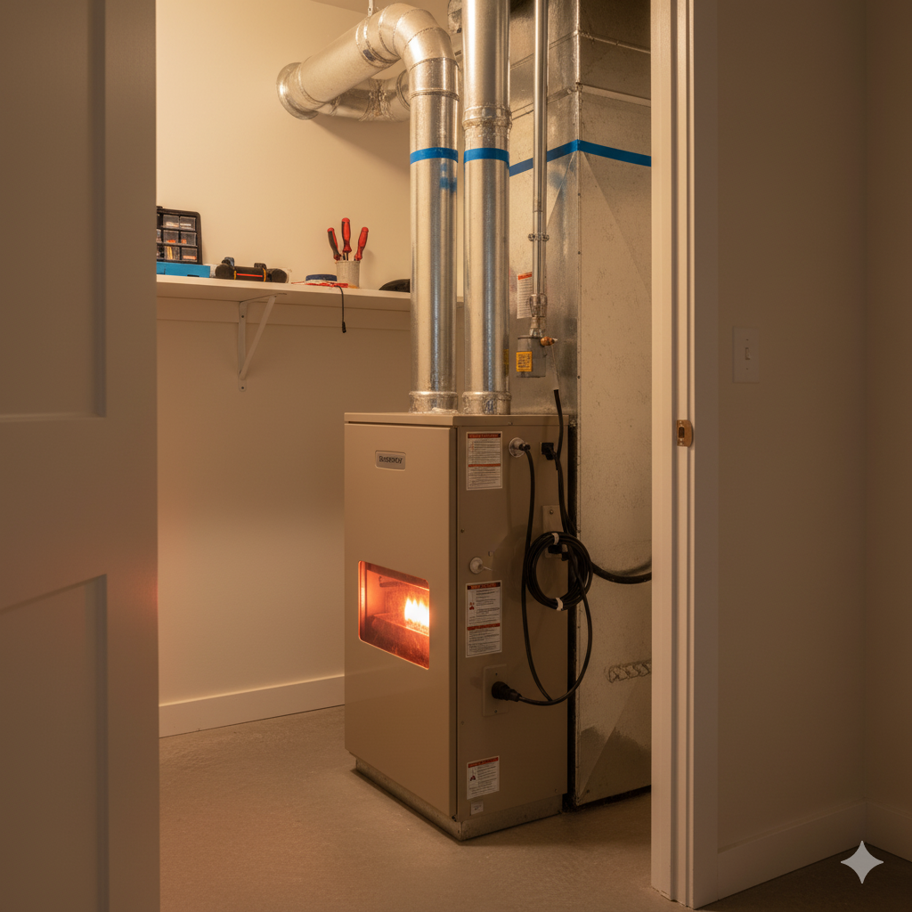 Furnace inside a utility room. Light tan furnace with lit flames.