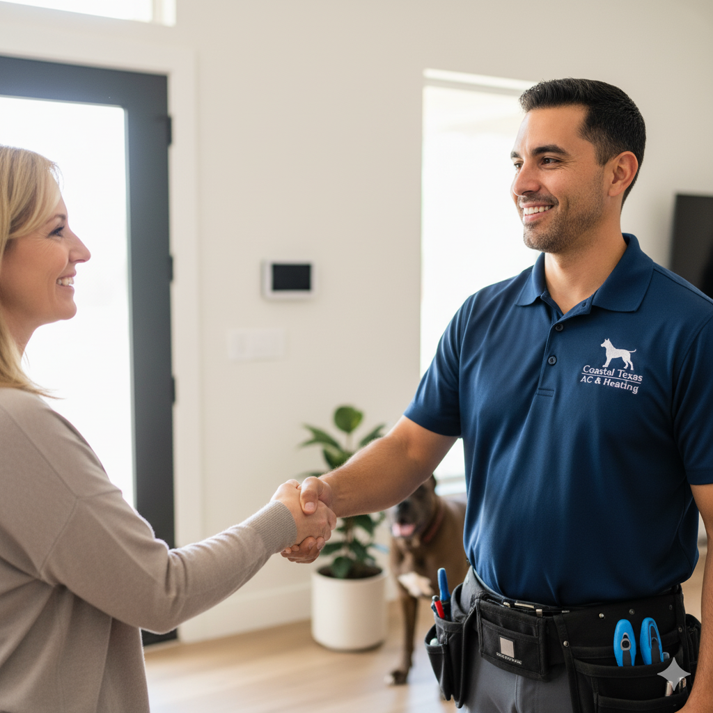 Woman and man shake hands in a home; man wears a tool belt and polo shirt with a dog logo.
