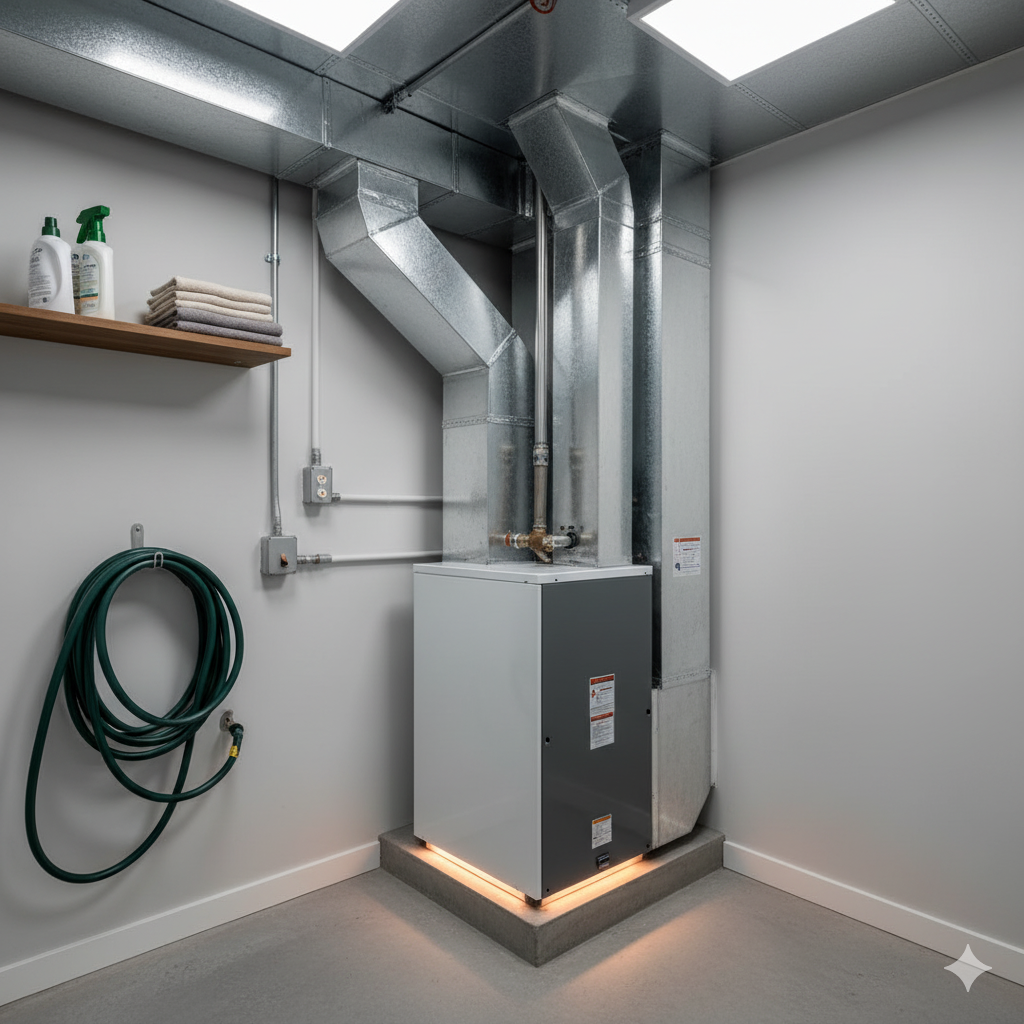 A utility room with a furnace, ductwork, a hose, and cleaning supplies on a shelf.