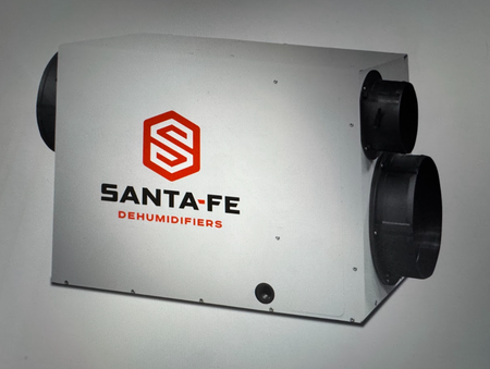 Santa-Fe dehumidifier, rectangular shape with circular vents. White unit with red and black logo on a light gray surface.