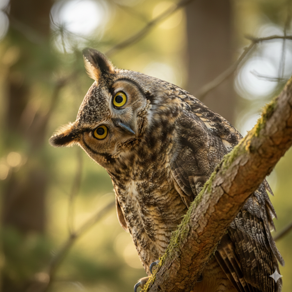 Grand-duc d'Amérique aux oreilles touffues, perché sur une branche d'arbre, la tête inclinée ; arrière-plan forestier.
