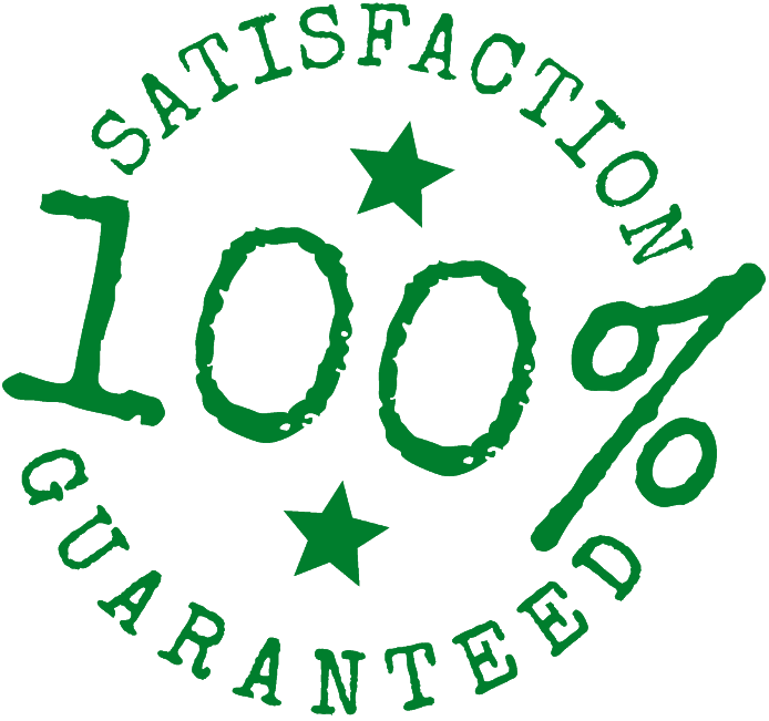 Green stamp with "SATISFACTION GUARANTEED" and "100%" with two stars.