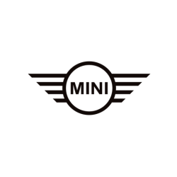 Un logotipo de Mini Cooper en blanco y negro con alas sobre un fondo blanco.